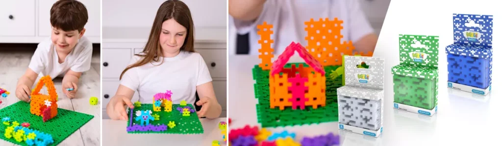 Niños construyendo casas y figuras sobre base verde con bloques MELI de colores, junto a las cajas del set