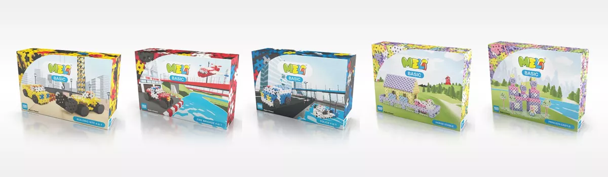 Cinco cajas de sets MELI BASIC con diferentes modelos de construcción en la parte frontal