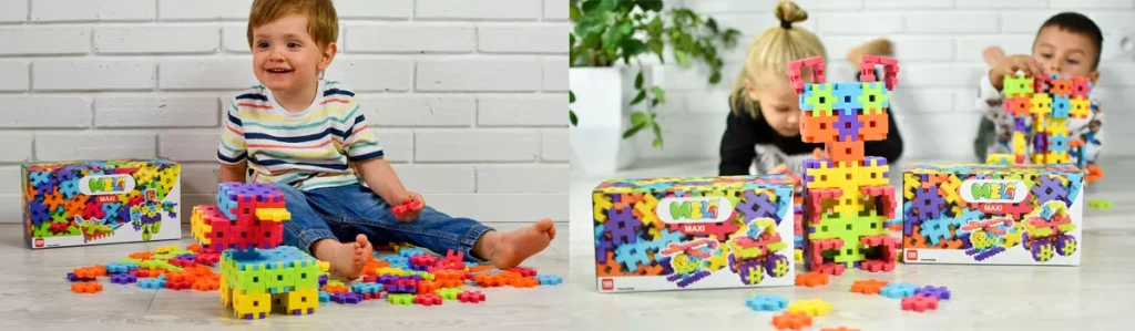 Niños jugando en el suelo con bloques de construcción Meli MAXI de colores junto a cajas del set