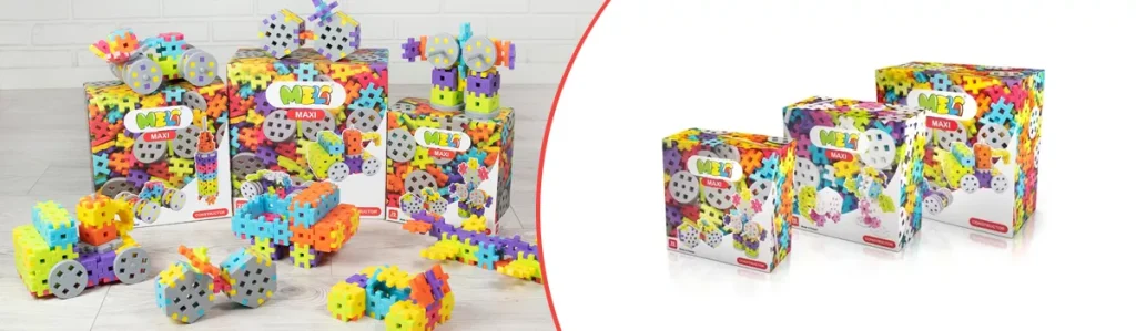 Construcciones hechas con bloques MELI MAXI y varias cajas de sets MELI MAXI alineadas
