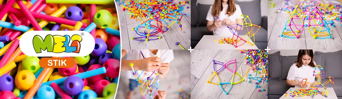 Palitos y bolas de colores MELI STIK y niñas construyendo estructuras tridimensionales con este set