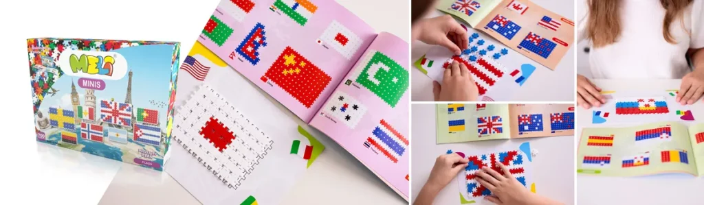 Caja de bloques MELI MINIS y cuadernos con plantillas de banderas del mundo, con niños colocando las piezas de colores