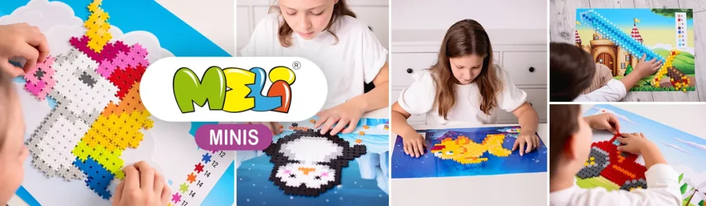 Set MELI MINIS con plantillas grandes y niños rellenándolas con bloques de colores para formar dibujos