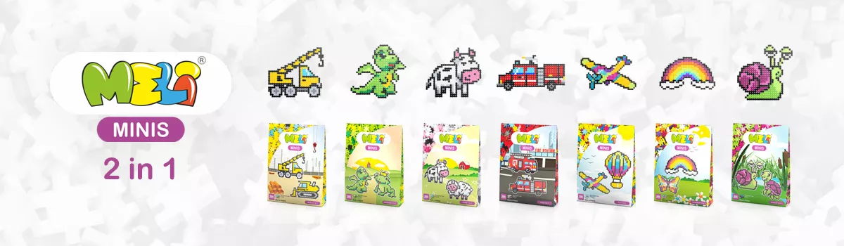 Sets MELI MINIS 2 in 1 con diseños pixelados de vehículos, animales y figuras y sus cajas de producto