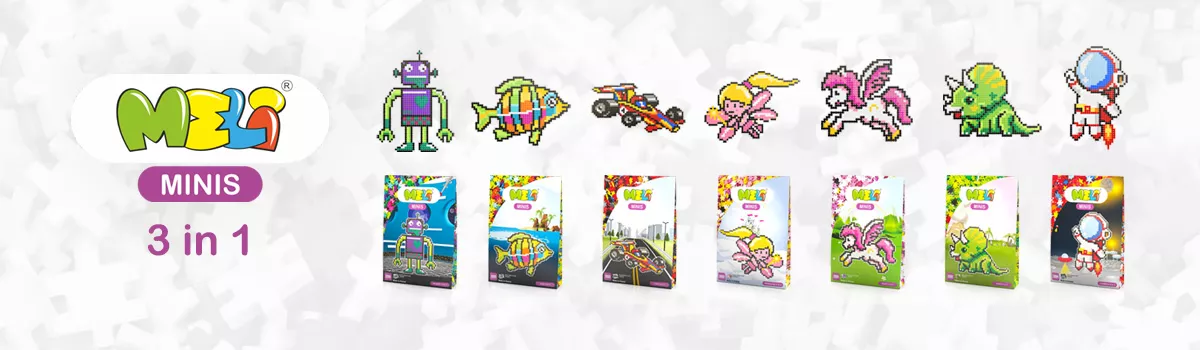 Sets MELI MINIS 3 in 1 con diseños pixelados de robot, animales y personajes y sus cajas de producto