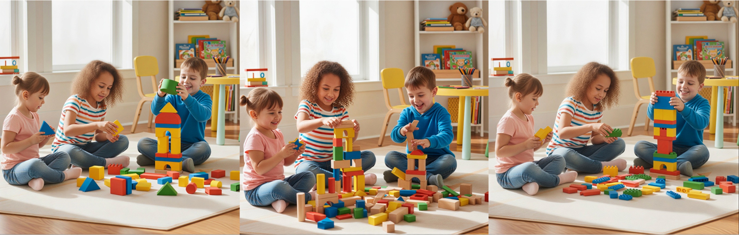 Niños jugando con bloques de construcción en aula desarrollando creatividad y trabajo en equipo